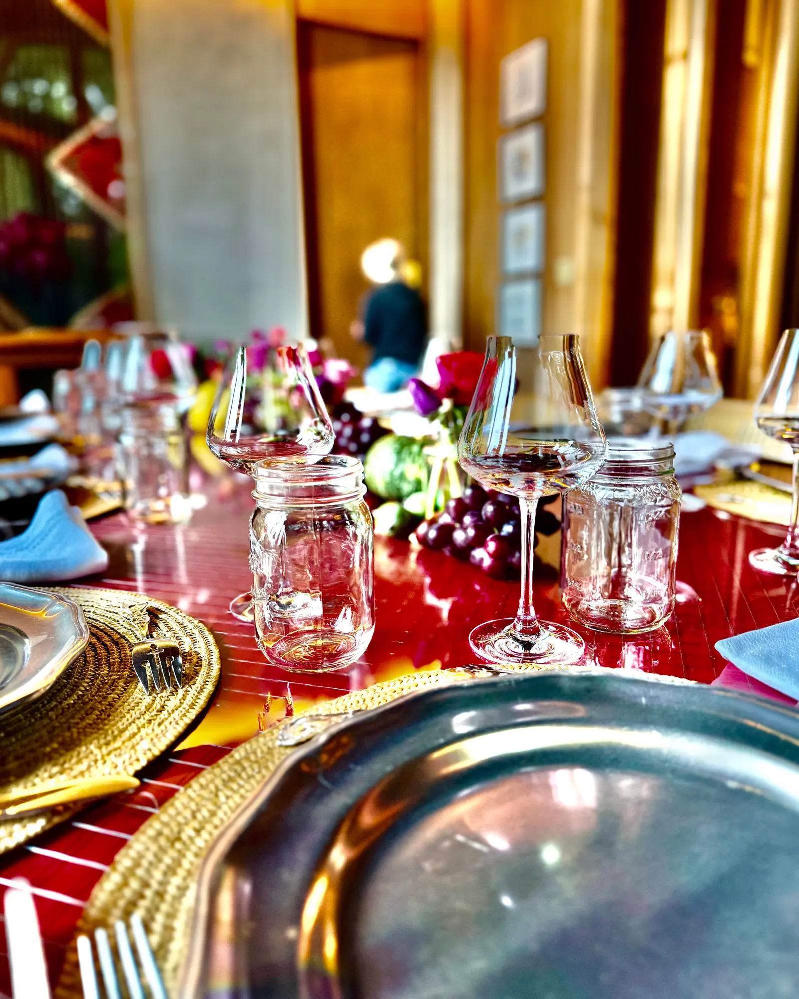 Executive event table detail with glassware and silver service – Silicon Valley catering